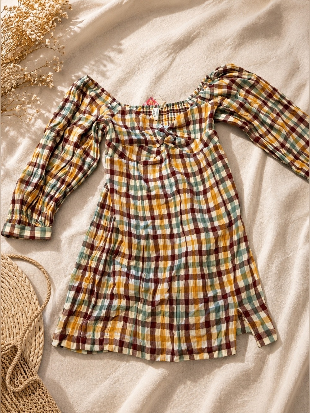 Roxy Plaid Off-Shoulder Smocked Mini Dress in Mustard, Brown, Teal